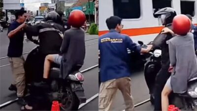 “Insiden Berbahaya: Pemotor Melanggar Palang Kereta dan Bertengkar dengan Petugas”