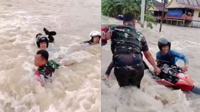 Pahlawan! Aksi Heroik TNI Menyelamatkan Pemotor dari Arus Banjir Ganas