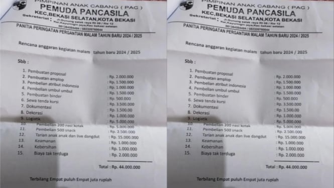 Proposal Tahun Baru Ormas Pemuda Pancasila: Anggaran Rp44 Juta